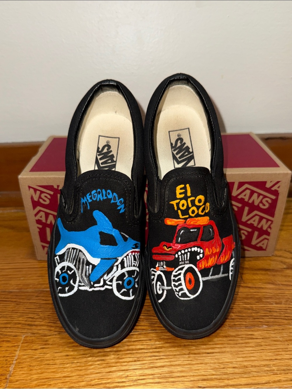 Vans Black Slip-On Shoes Megalodon & El Toro Loco Monster Truck Custom Paint